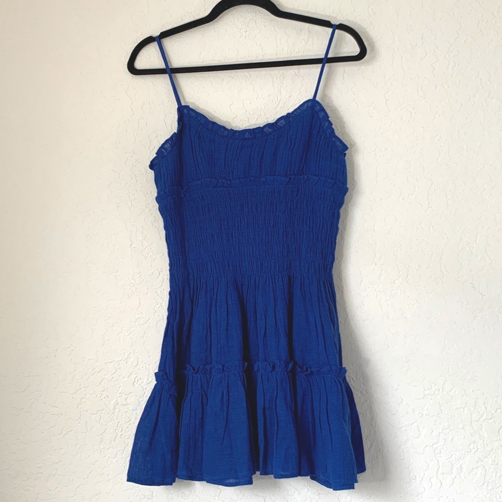 NWT J Crew Smocked Mini Dress S Blue Hampton Linen Blend Tiered Coastal Resort